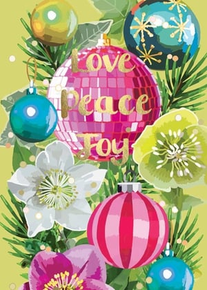 a christmas card with a disco ball that says love peace joy