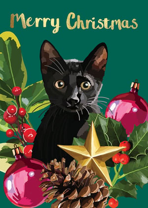 a merry christmas card with a black cat