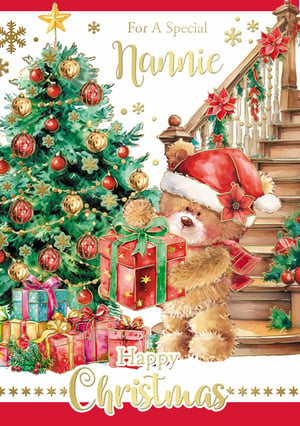 a christmas card with a teddy bear in front of a christmas tree