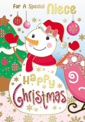 a christmas card for a special niece with a snowman