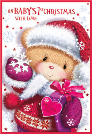 a baby 's first christmas card with a teddy bear