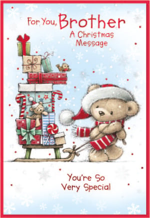 a christmas card for a brother with a teddy bear pulling a sled full of presents
