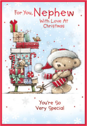 a christmas card for a nephew with a teddy bear pulling a sled full of presents