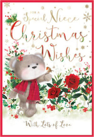 a christmas card that says " for a special niece christmas wishes with lots of love "