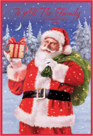 a christmas card with santa claus holding a gift and a bag that says all the family at christmas time