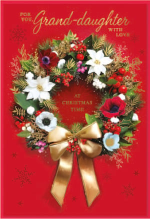 a christmas card for a granddaughter with a wreath on it
