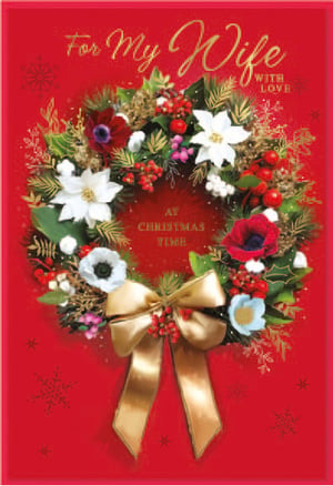 a christmas card for my wife with a wreath on it