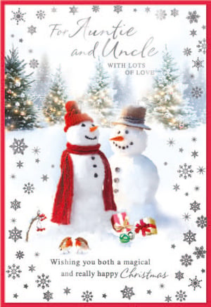 a christmas card for auntie and uncle with two snowmen