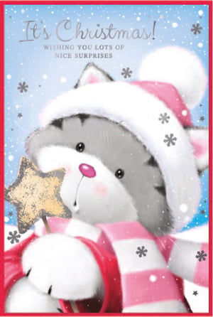 a christmas card that says it 's christmas wishing you lots of nice surprises