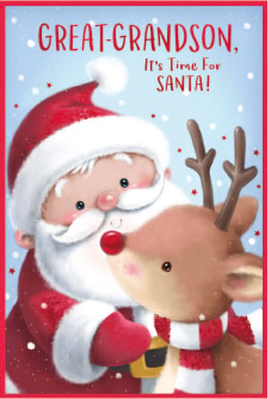 a christmas card says great grandson it 's time for santa