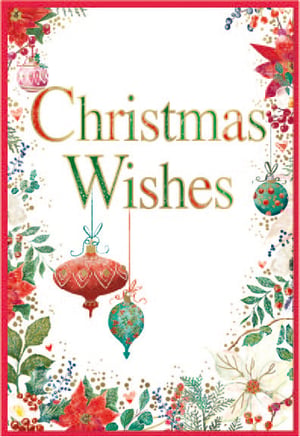 a christmas wishes card with flowers and ornaments