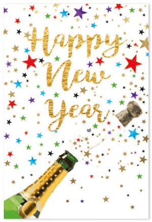 a happy new year card with a bottle of champagne