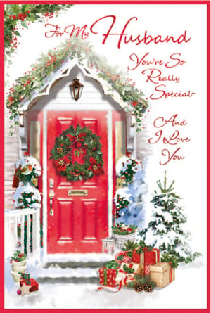 a christmas card for a husband with a red door