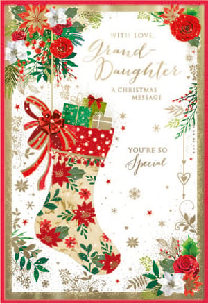 a christmas card for a granddaughter with a stocking full of presents