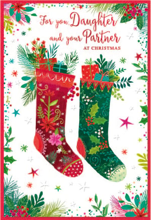 a christmas card that says " for you daughter and your partner at christmas "