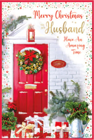 a merry christmas card for a husband with a red door