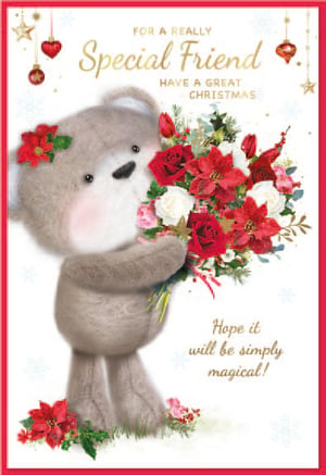 a christmas card with a teddy bear holding a bouquet of flowers
