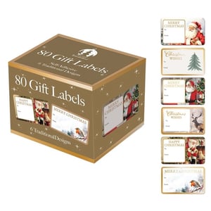 a box of 80 gift labels that say merry christmas