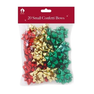a bag of small confetti bows in red gold and green