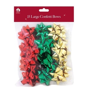 a bag of red green and gold confetti bows