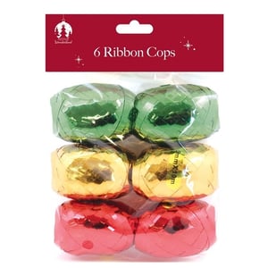 a package of 6 ribbon cops in red green and gold