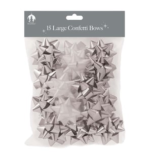 a bag of 15 large silver confetti bows