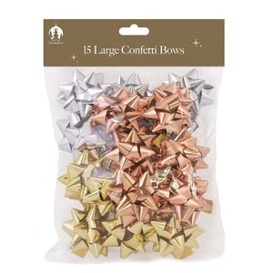 a bag of 15 large confetti bows in gold silver and rose gold