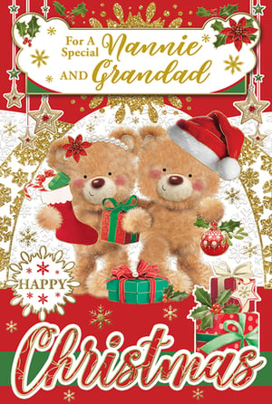 a christmas card for nannie and grandad with two teddy bears