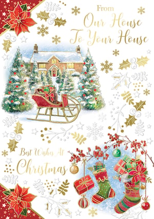 a christmas card that says from our house to your house