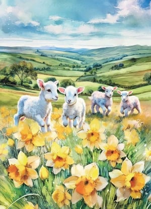 a painting of four lambs running through a field of yellow flowers