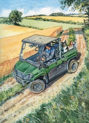a painting of a man driving a vehicle with two dogs in the back