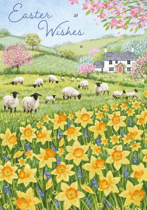 a painting of sheep in a field with the words easter wishes