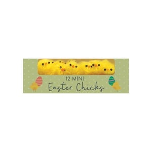 a box of 12 mini easter chicks on a green background