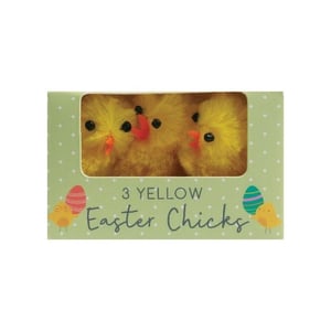 a box with three yellow easter chicks in it