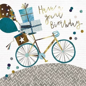 a birthday card with a bicycle carrying gifts and balloons .