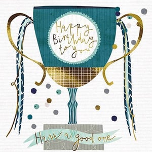 a birthday card with a trophy that says `` happy birthday to you '' .