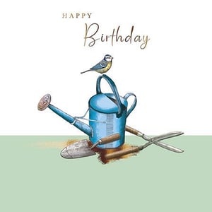 a birthday card with a bird sitting on top of a watering can .