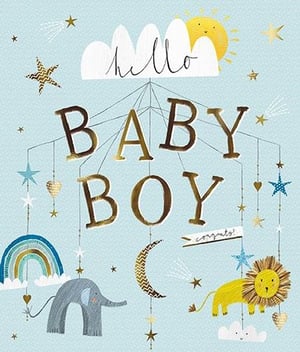 a baby boy greeting card with an elephant , lion , rainbow , moon and stars .