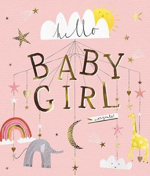 a baby girl greeting card with an elephant , giraffe , rainbow , moon and stars .