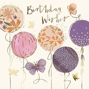 a birthday card with balloons and butterflies on it .