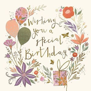 a birthday card with flowers , balloons , and a gift .