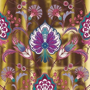 it is a seamless pattern with flowers and leaves on a gold background .