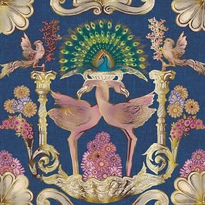 a peacock and flamingos are standing next to each other on a blue background .