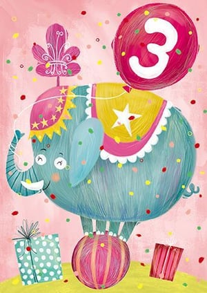 an elephant is standing on a ball with a balloon and gifts .