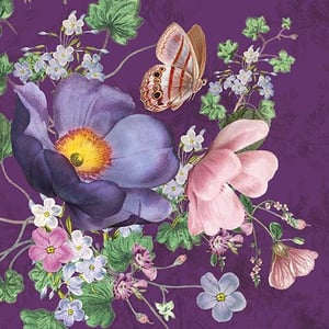 a butterfly is flying over a bouquet of flowers on a purple background .