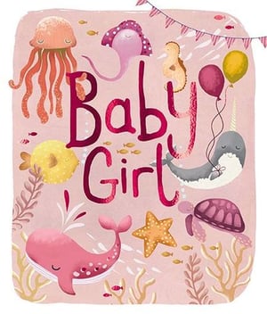 a baby girl greeting card with sea animals and balloons on a pink background .