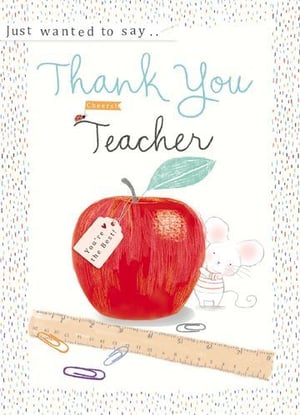 a thank you teacher card with an apple and a mouse on it .