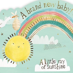 a baby shower card with a sun , rainbow and clouds .