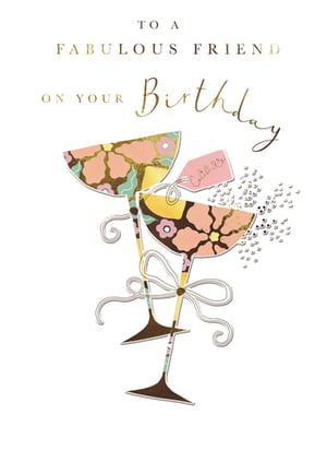 Celebrate a special friend's birthday with this delightful card from the Great British Card Company. Featuring two elegantly illustrated cocktail glasses, adorned with a charming retro floral pattern in soft pinks, browns, and gold, it evokes a truly celebratory feel. The message 'TO A FABULOUS FRIEND ON YOUR Birthday' shines in beautiful gold foil lettering, adding a touch of luxury. Complete with a playful 'Cheers!' tag and sparkling 'bubbles', this card is perfect for raising a toast to a wonderful friend. A stylish choice for any female recipient, this 'Open Birthday Female' card is supplied in a convenient pack of 6, ready to brighten your card selection.