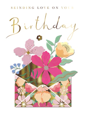Brighten her special day with this exquisite 'Open Birthday Female' card from the Great British Card Company. Featuring a stunning design, the card showcases a beautiful gold script proclaiming 'Sending Love on Your Birthday'. An elegant envelope overflows with a vibrant bouquet of stylised flowers in shades of pink, fuchsia, peach, and yellow, accented with lush green foliage. The rich gold background within the envelope adds a touch of luxury and warmth. Perfect for celebrating any woman's birthday, this delightful card offers a cheerful and heartfelt way to send your best wishes. Available in a convenient pack of 6, it's an ideal choice for retailers looking to offer truly charming and eye-catching birthday greetings.
